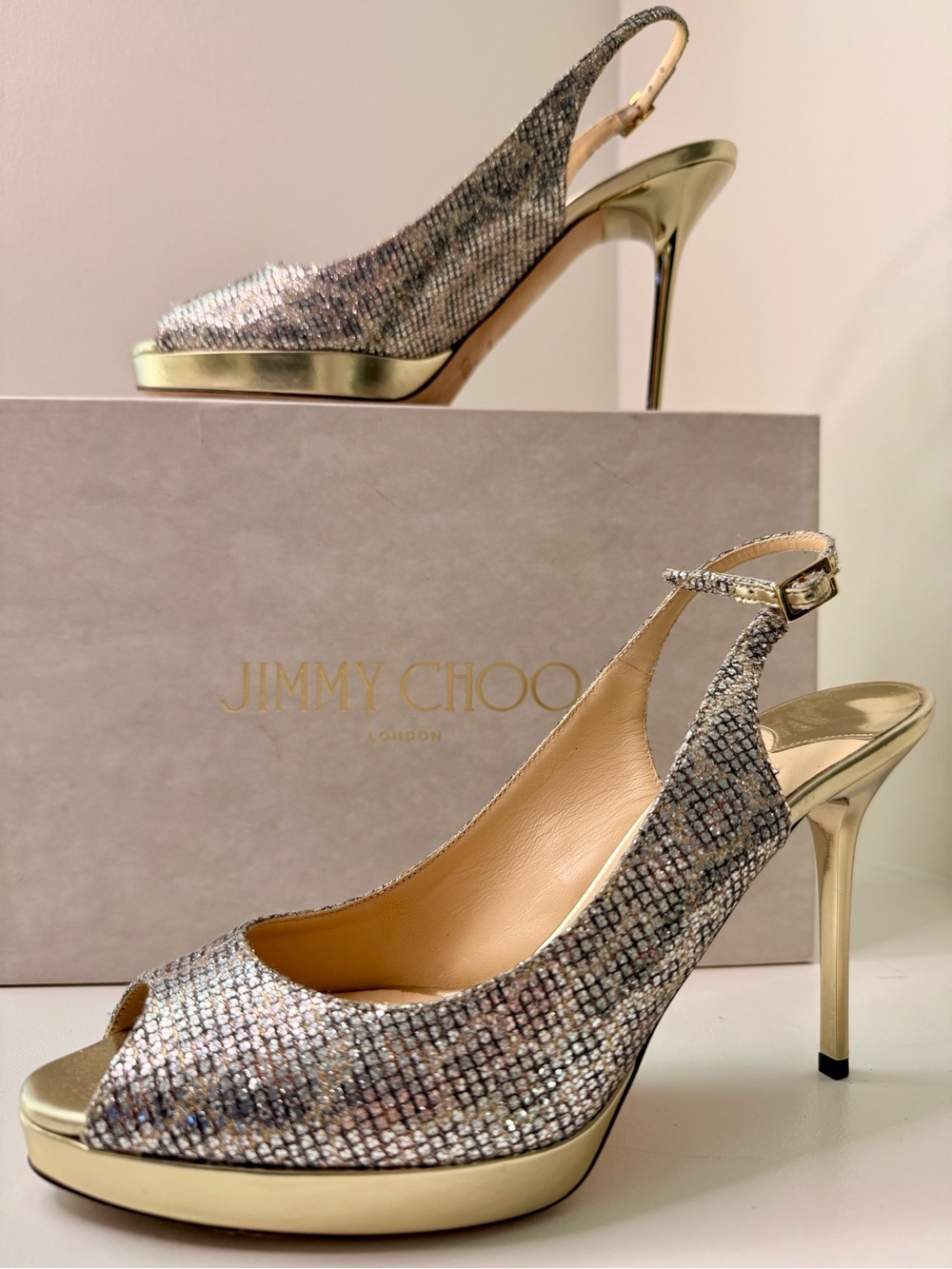 Jimmy Choo Gold and Silver Sparkle Slingback Peep-Toe Heels